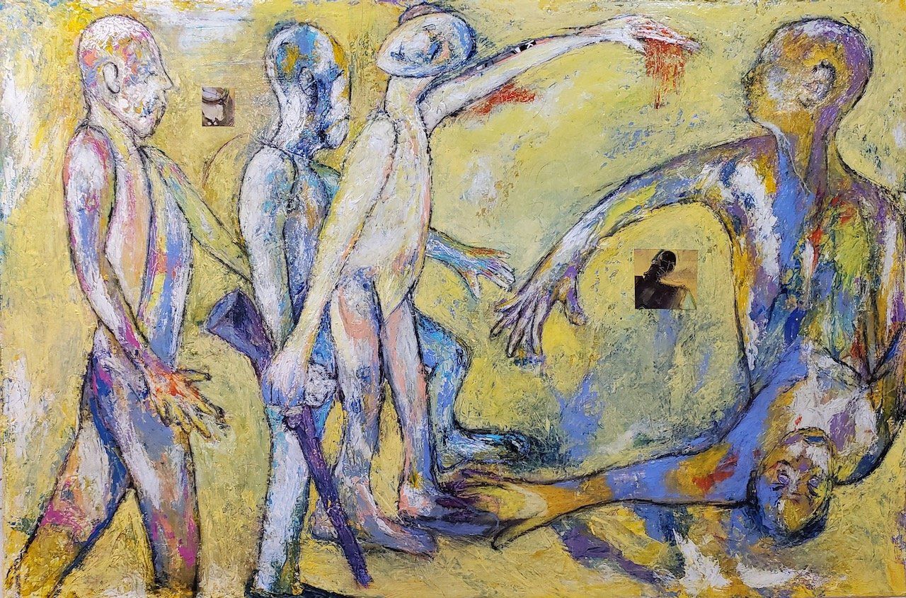 A painting of a group of people standing next to each other on a yellow background.