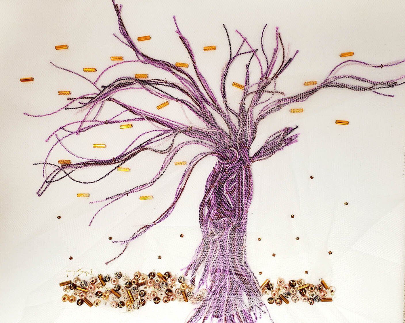 A drawing of a tree with purple branches and yellow leaves