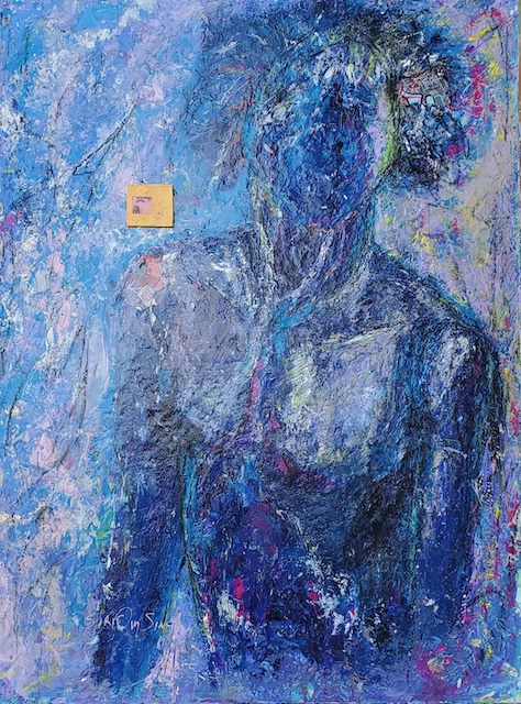 It is a painting of a person with a blue face.