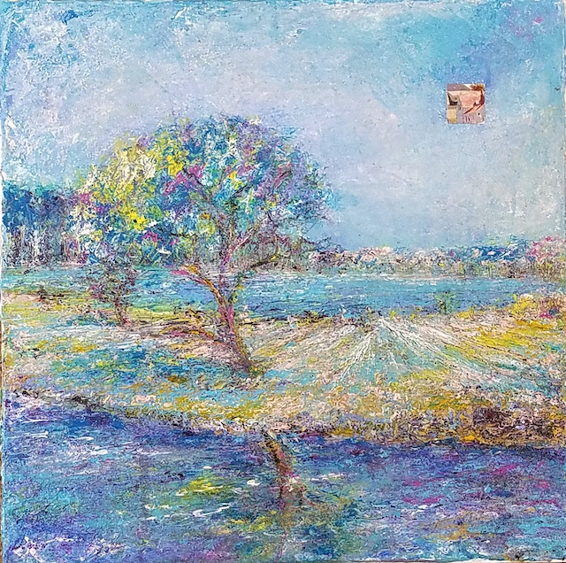 A painting of a tree in a field next to a body of water.