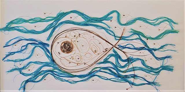 A drawing of a fish in the water on a white background.