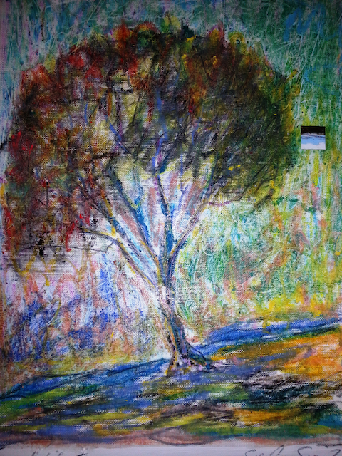 A colorful painting of a tree in a field on a wall.