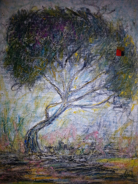 A painting of a tree with a red bird on it.