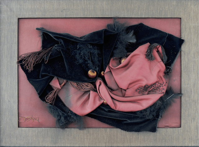 A framed painting of a pink and black cloth