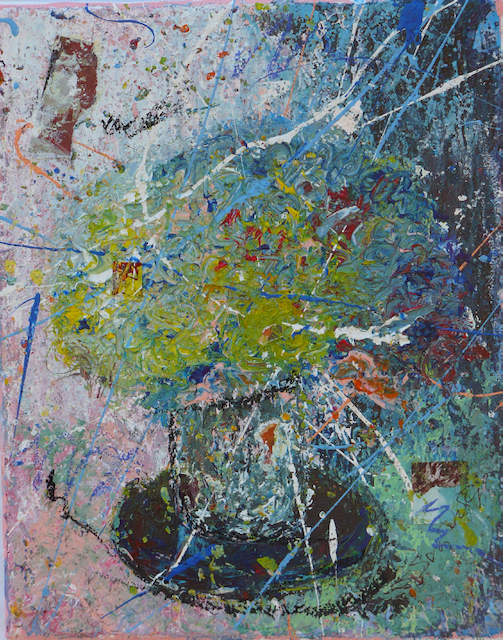 A colorful painting of a vase with flowers in it