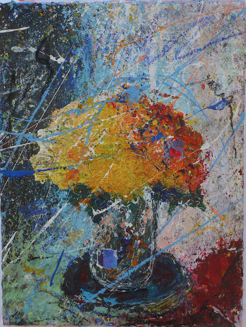 A painting of flowers in a vase on a table