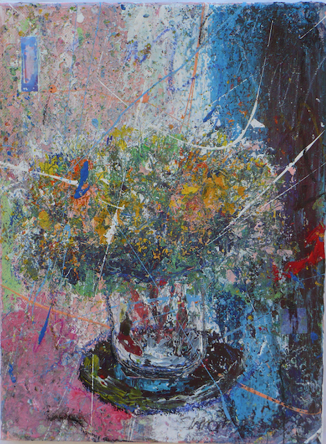 A painting of flowers in a vase on a table.