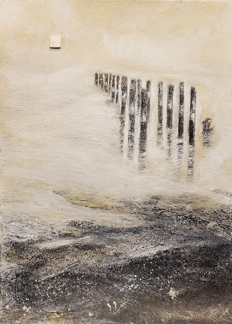 A painting of a row of wooden piers in the water.