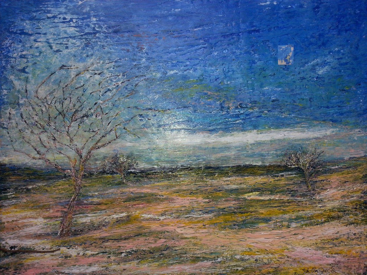 A painting of a tree in a field with a blue sky in the background.
