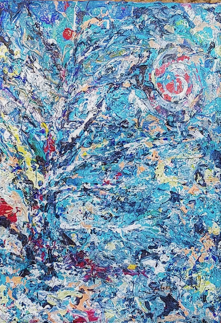 A close up of a colorful painting on a wall.