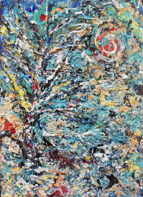 A close up of a colorful painting on a wall.