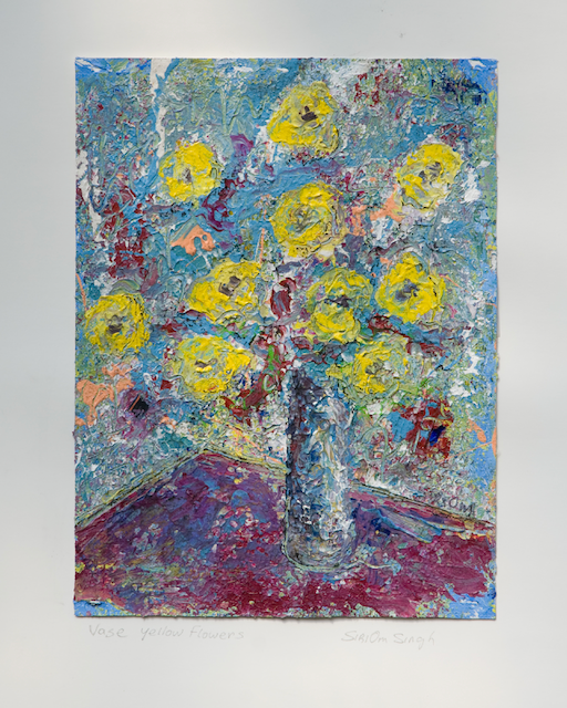 A painting of yellow flowers in a vase on a table.