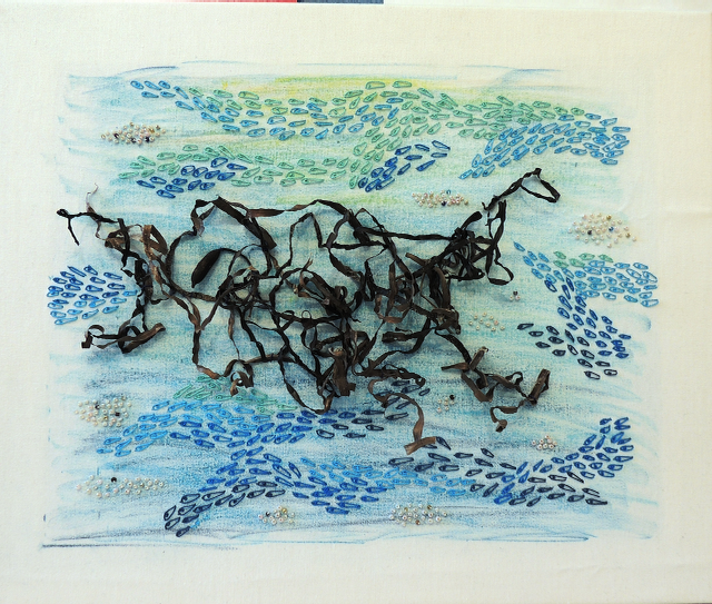 A painting of seaweed on a white surface