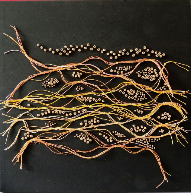 A painting of branches and flowers on a black background