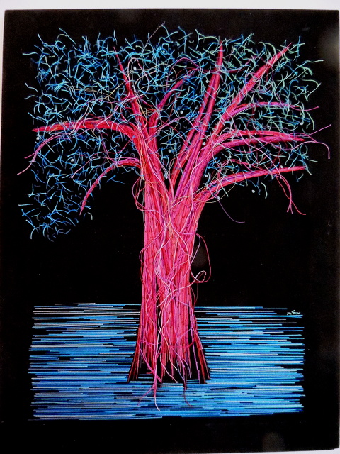 A painting of a tree with pink branches and blue leaves
