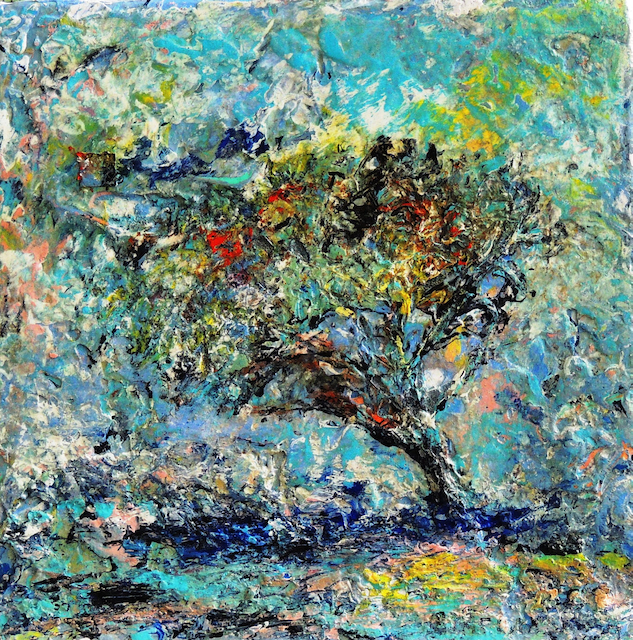 A painting of a tree with a blue sky in the background