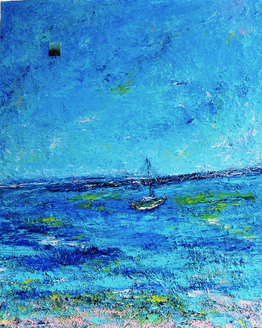 It is a painting of a boat in the ocean.