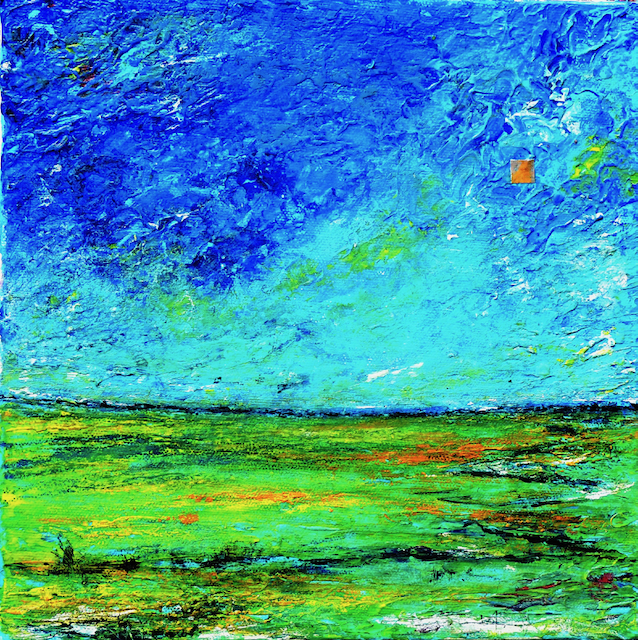A colorful painting of a field with a blue sky in the background.