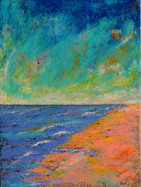 A colorful painting of a beach with a blue sky and waves coming in.