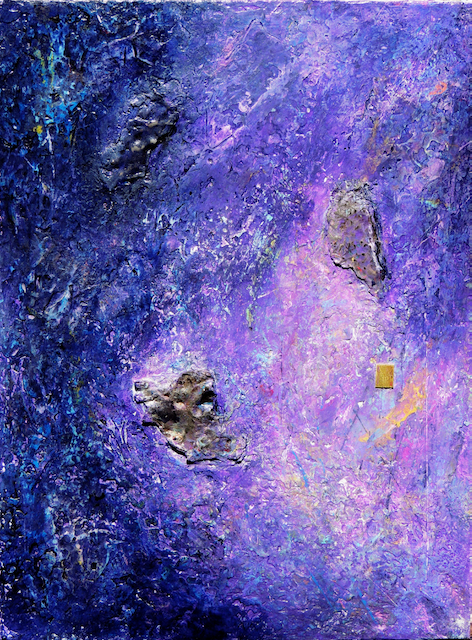 A painting of a purple and blue galaxy with a yellow square in the middle.