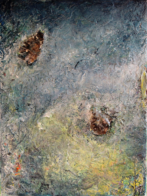 A close up of a painting of a landscape with a few leaves on the ground.