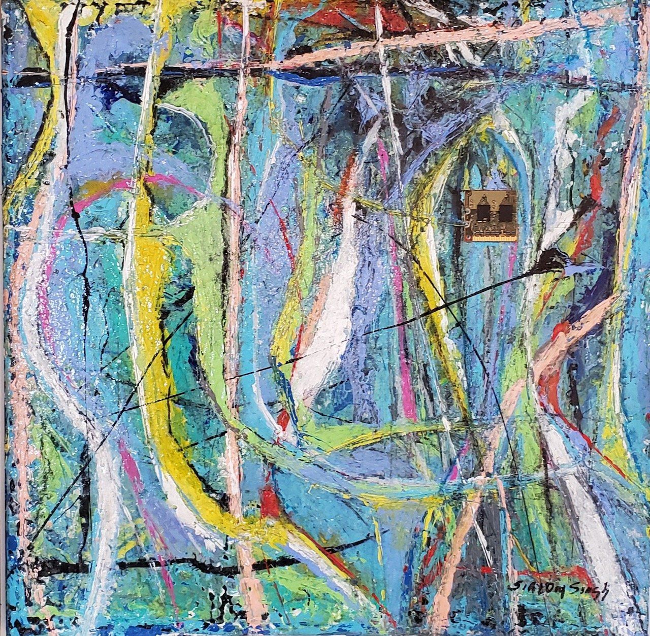 A colorful abstract painting with a blue background