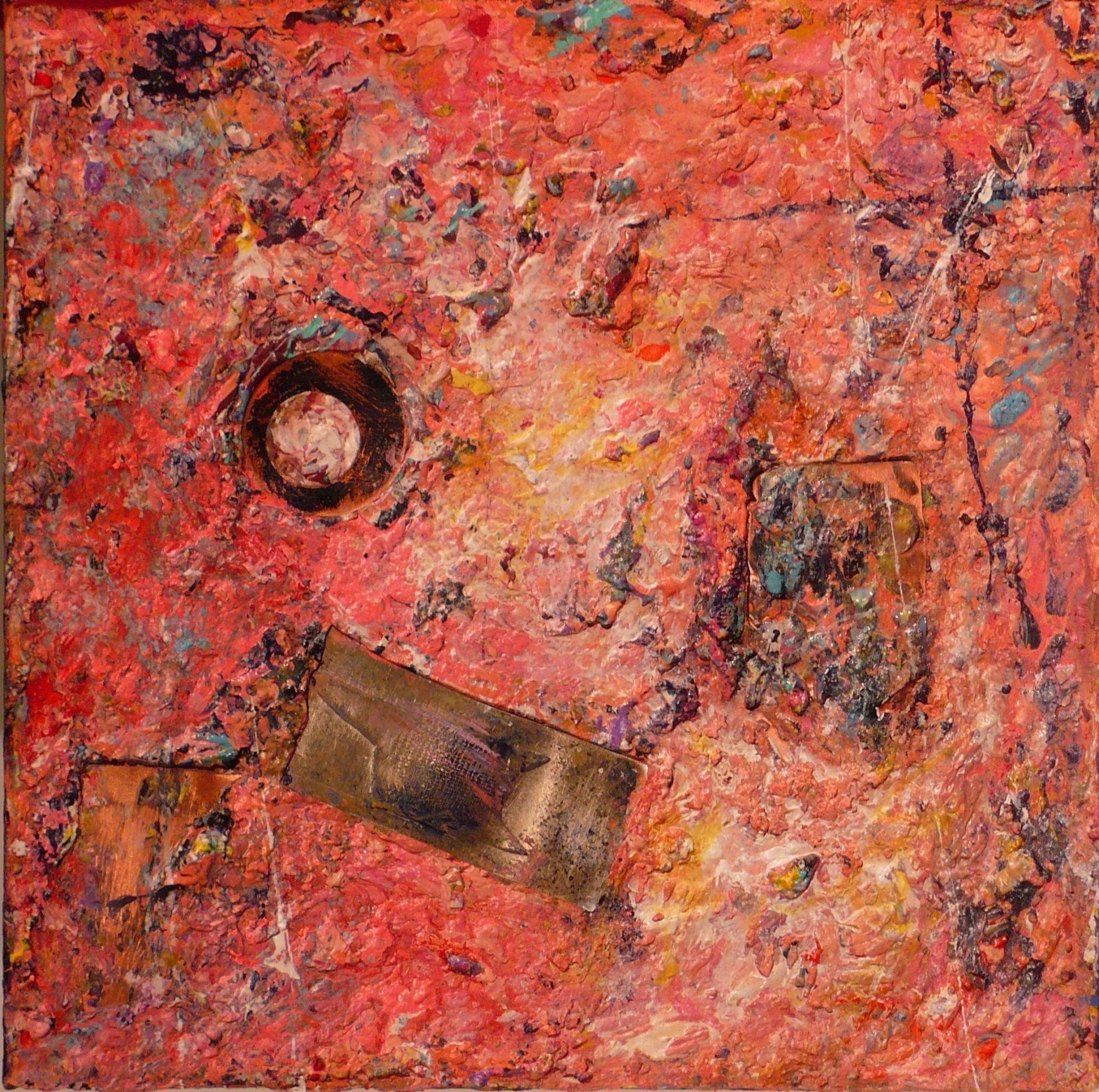 A painting of a red background with a circle in the middle