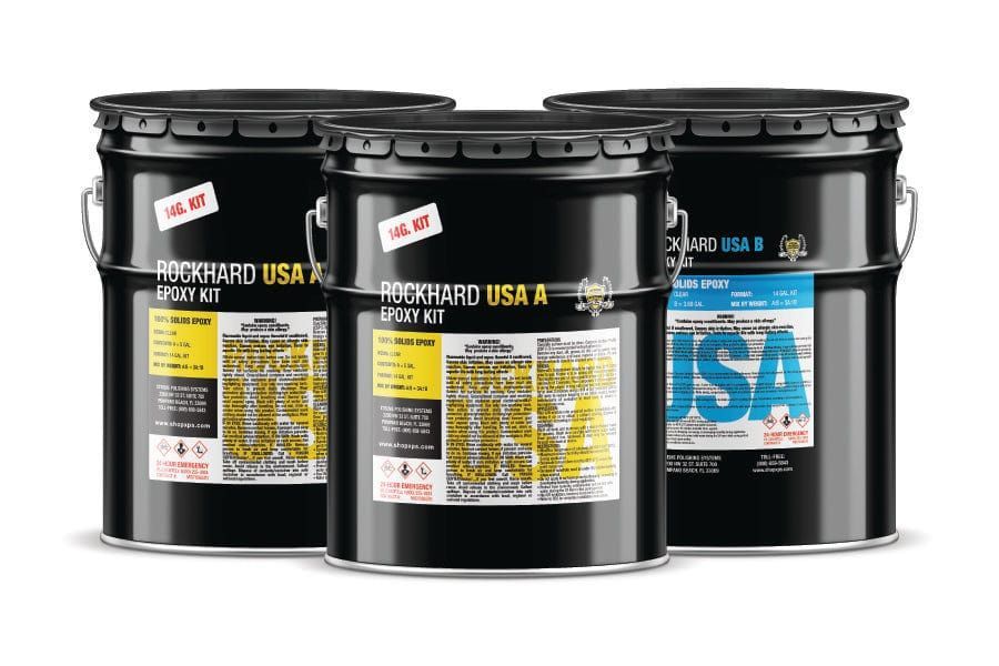 Three black epoxy resin buckets labeled 