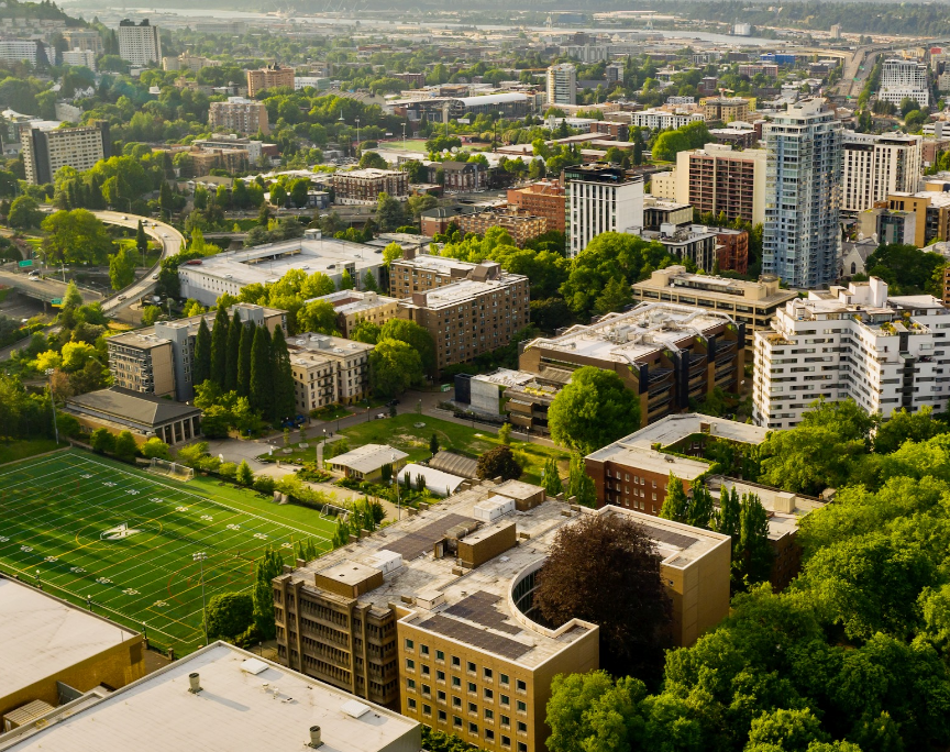 Aerial view of Portland State University near Collective on 4th in Portland, OR.