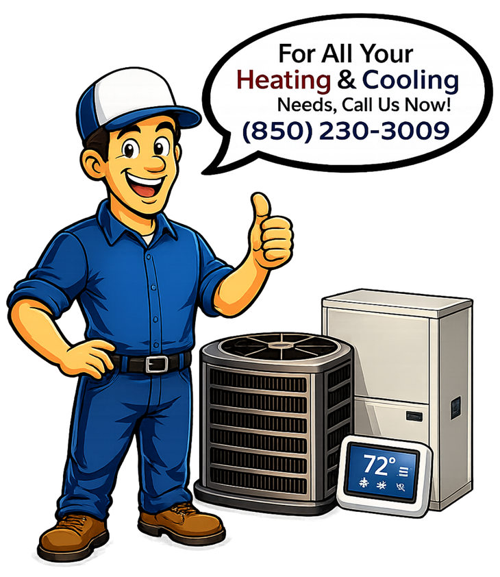 Cartoon HVAC technician beside heating and cooling units, with phone number ad and thermostat reading 72°