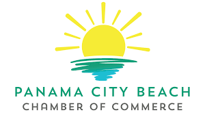 Panama City Beach Chamber of Commerce logo with yellow sun over teal waves