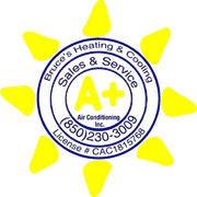 Bruce's Heating & Cooling logo with yellow sun and blue circular text, Air Conditioning, Inc.