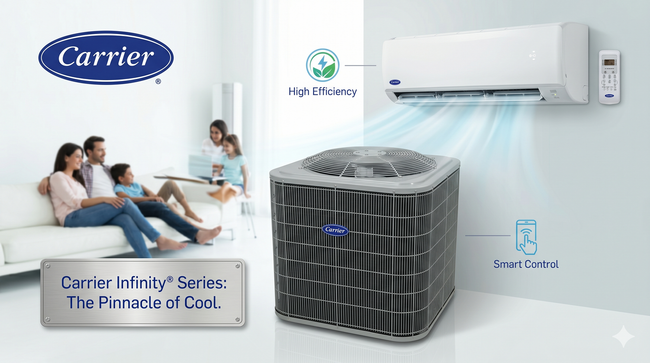 Carrier air conditioner ad showing a wall unit, outdoor compressor, and a family relaxing in a bright living room