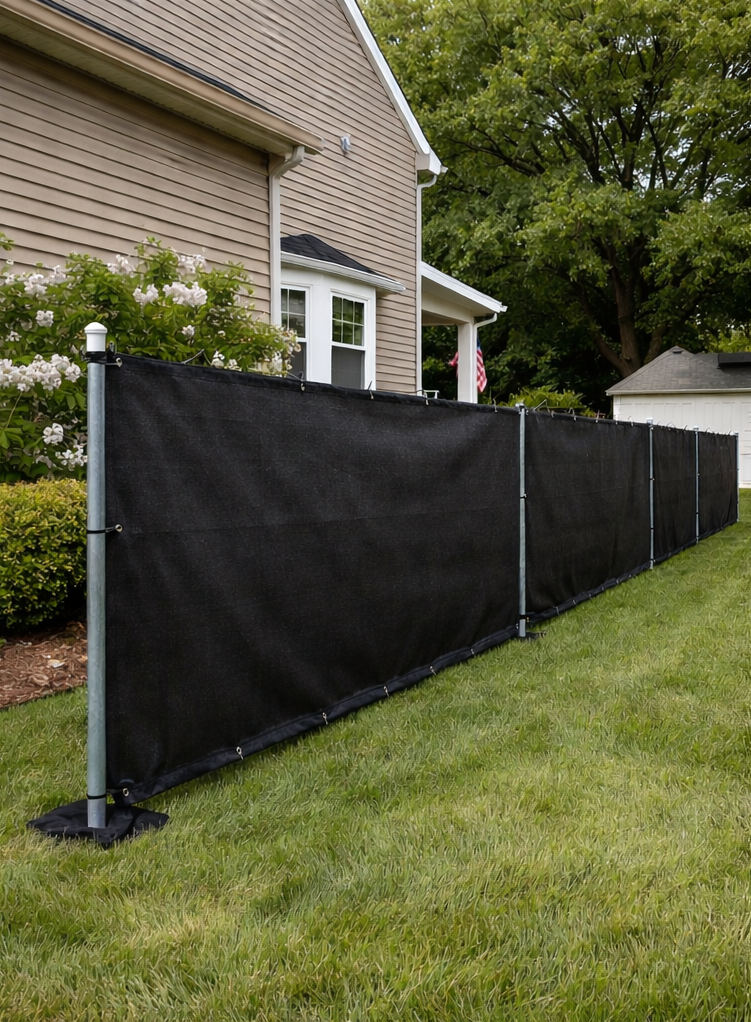 Black privacy fence in a grassy yard, next to a beige house.