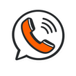 Orange phone handset with ringing lines inside a white speech bubble icon