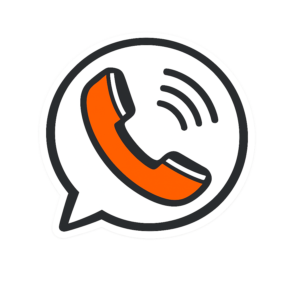 Orange phone handset with ringing lines inside a white speech bubble icon
