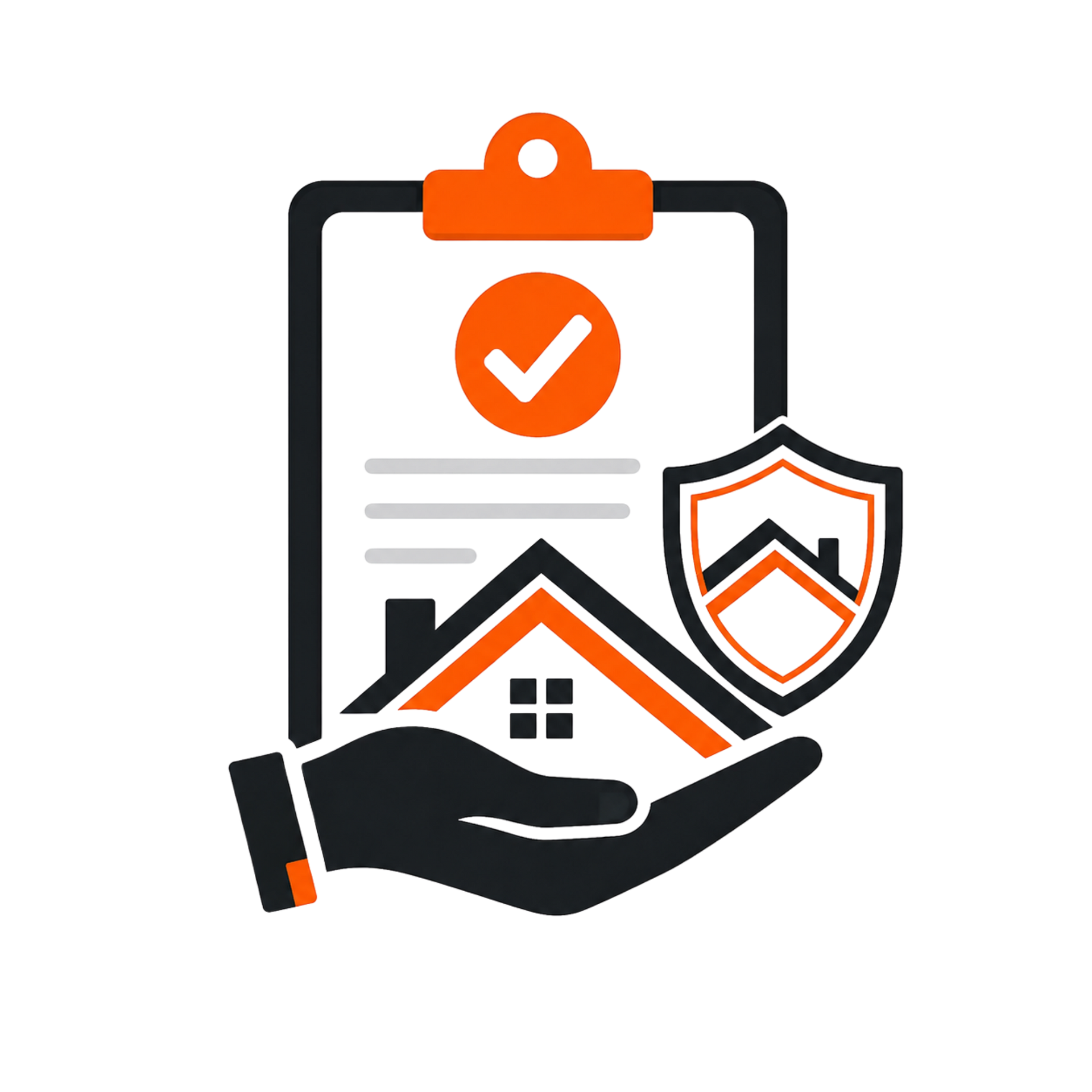 Hand holding a house icon beside a clipboard with checkmark and shield, symbolizing home insurance