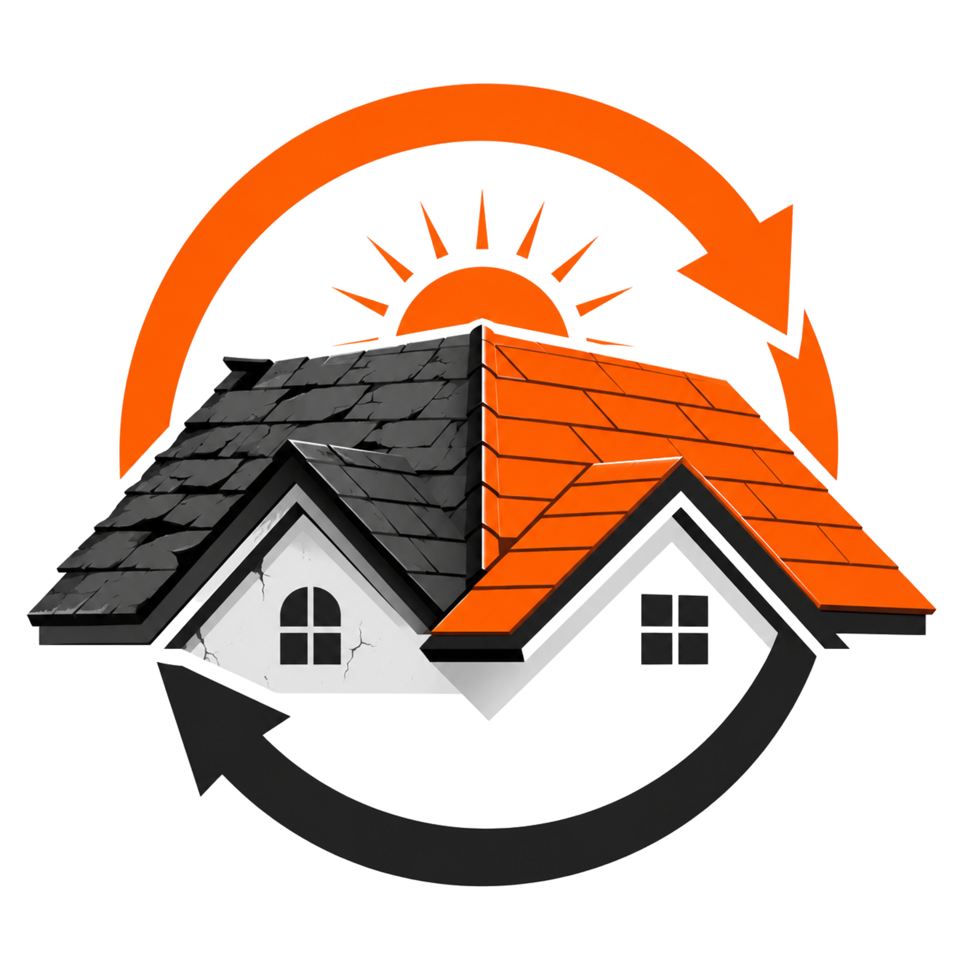 Solar panel rooftop house logo with orange sun and circular arrows
