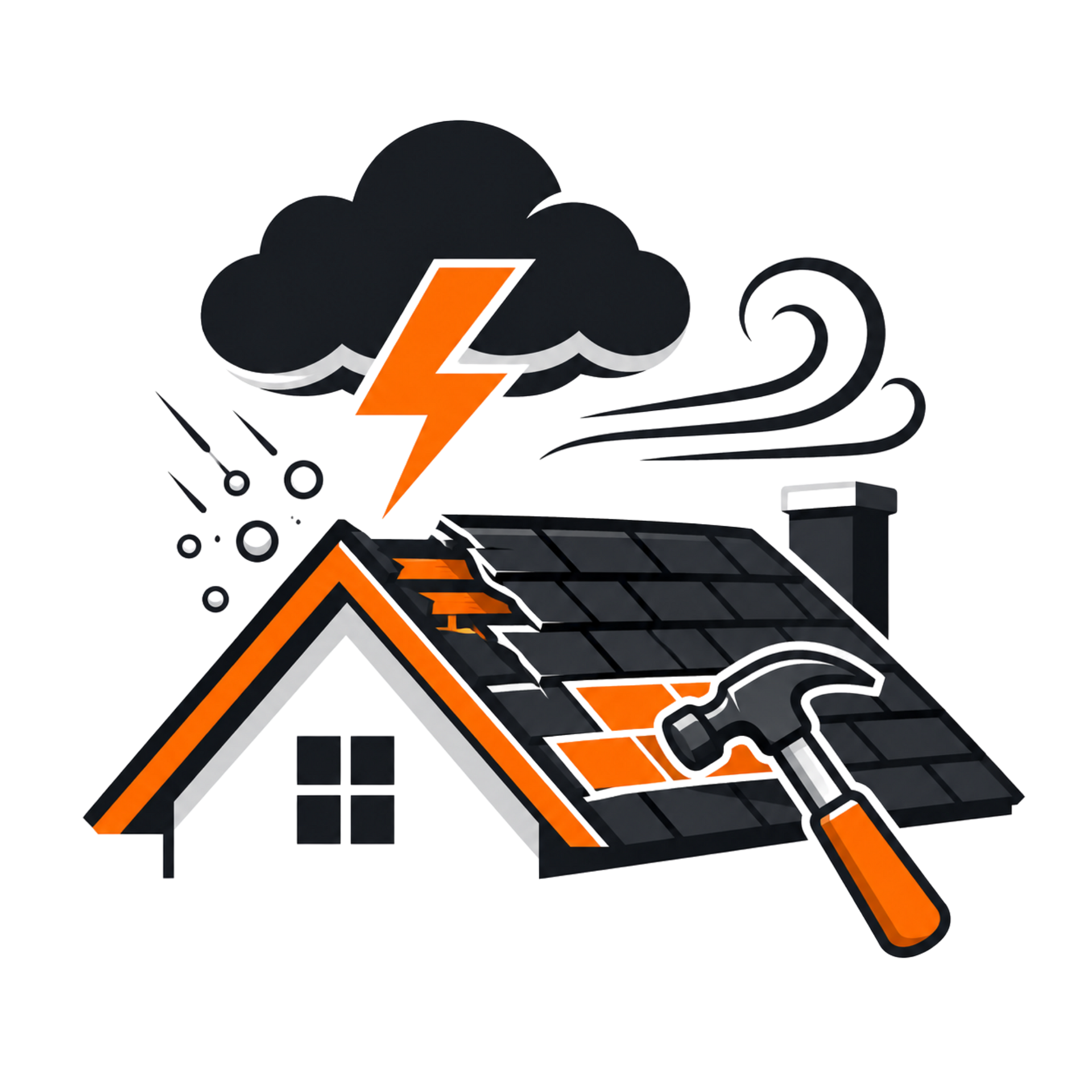 Storm-damaged roof with lightning, clouds, wind, and a hammer for home repair
