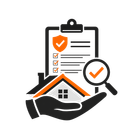 House inspection checklist with magnifying glass, shield, and hand holding a home icon