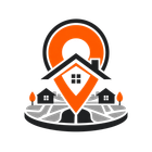 Stylized orange map pin over rooftops and houses, symbolizing location or real estate