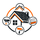 Home roof repair and painting icon with orange and black tools and shingles under construction symbols
