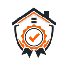 House-shaped shield logo with orange checkmark and ribbon badge in black, orange, and white