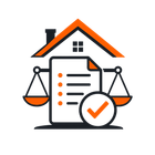 Legal document icon with house, balance scales, and orange checkmark