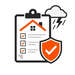 Home inspection checklist with shield protection and storm cloud icon