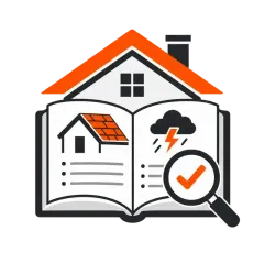 Home inspection icon with open booklet, house, checklist, magnifying glass, and orange check mark