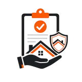 Hand holding home icon beside checklist and shield, symbolizing home insurance or property protection