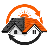 House with black and orange roof and circular arrows around a rising sun, symbolizing energy efficiency.