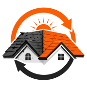 Solar panel rooftop house logo with orange sun and circular arrows
