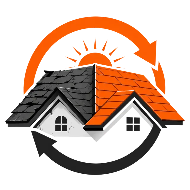 Solar panel rooftop house logo with orange sun and circular arrows